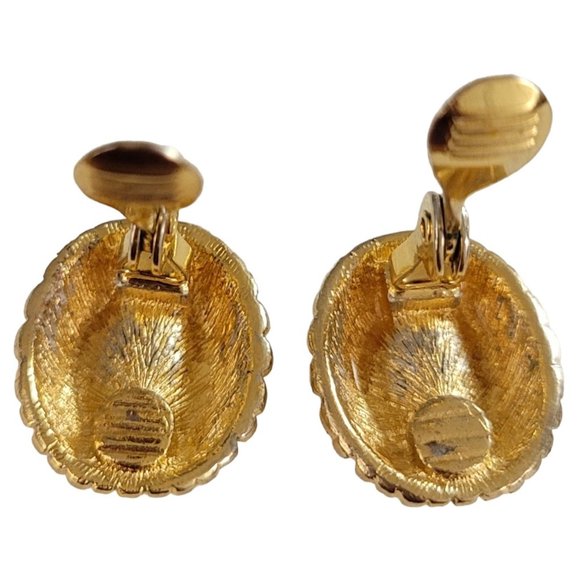 Monet Gold Tone Oval Clear Glass Rhinestone Center Clip-On Earrings, Signed K987 - Picture 6 of 9